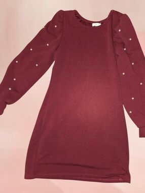 Girls' Pearl-Sleeve Burgundy Dress